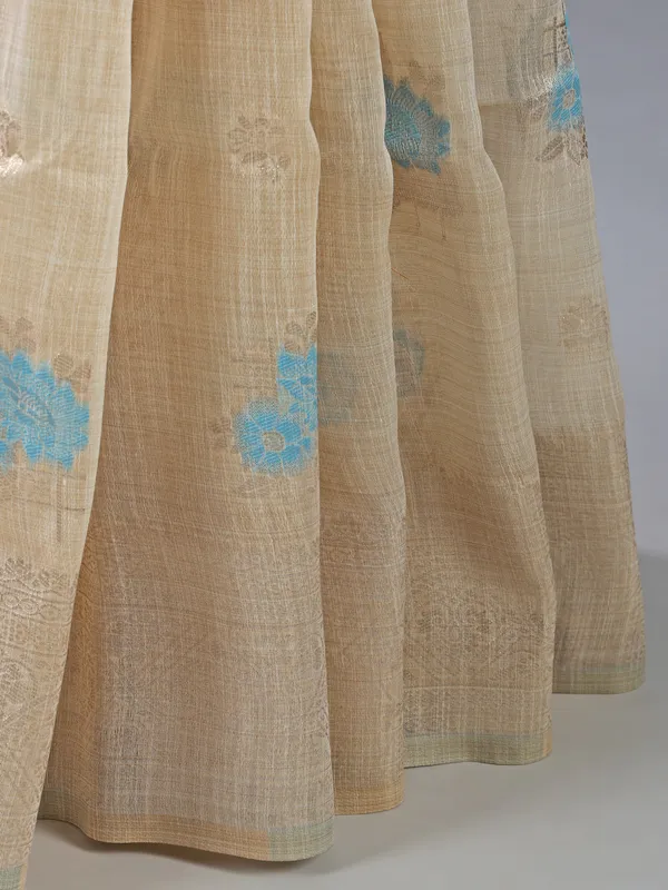 Sky blue and beige cotton silk saree for festive wear