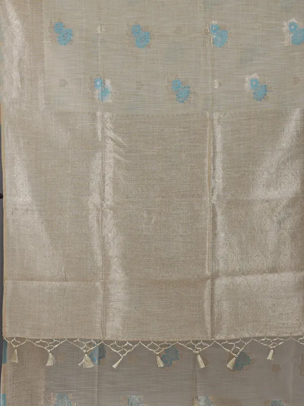 Sky blue and beige cotton silk saree for festive wear