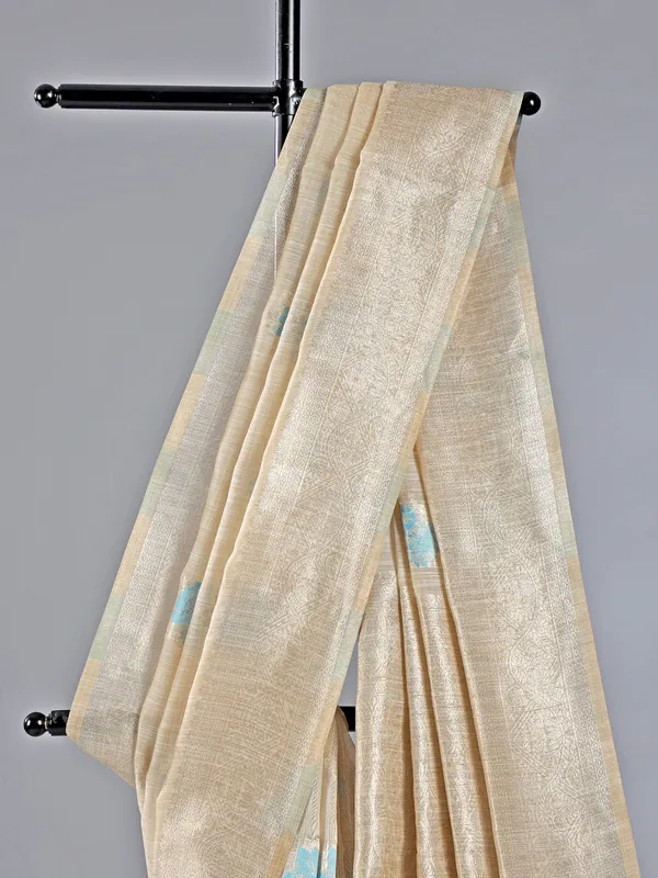 Sky blue and beige cotton silk saree for festive wear