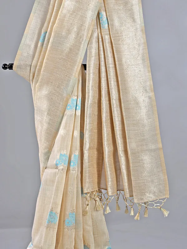 Sky blue and beige cotton silk saree for festive wear
