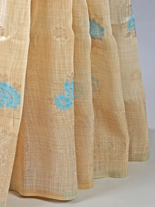 Sky blue and beige cotton silk saree for festive wear
