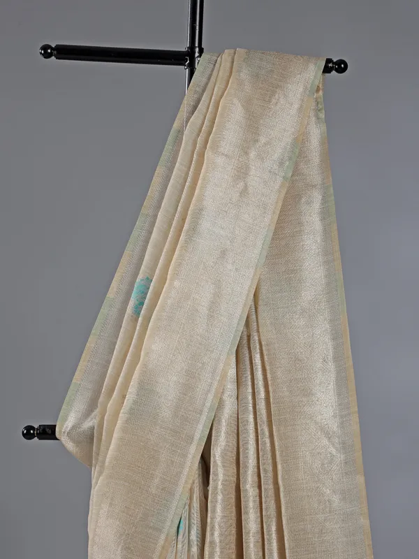 Sky blue and beige cotton silk saree for women with unstitched blouse