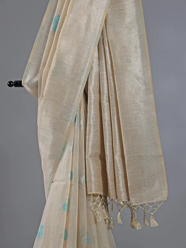 Sky blue and beige cotton silk saree for women with unstitched blouse