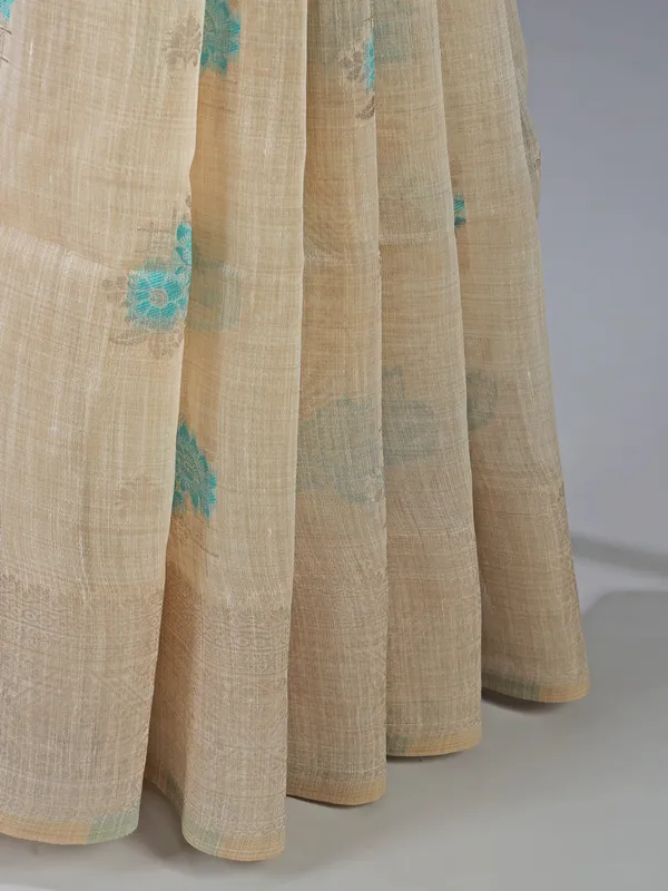 Sky blue and beige cotton silk saree for women with unstitched blouse