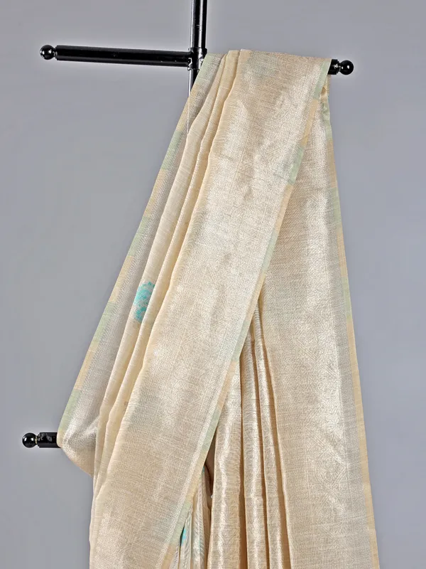 Sky blue and beige cotton silk saree for women with unstitched blouse