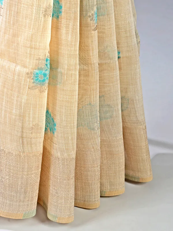 Sky blue and beige cotton silk saree for women with unstitched blouse
