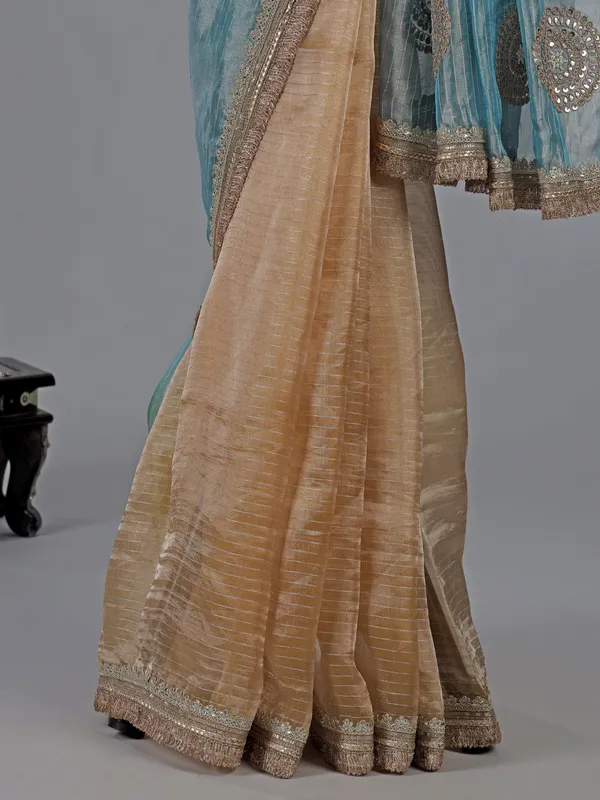 Sky blue and beige organza saree with zari work