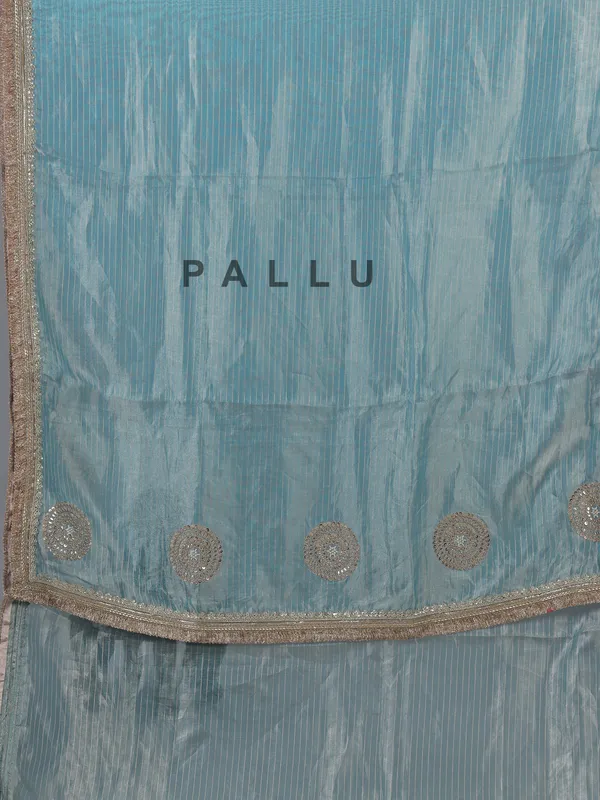Sky blue and beige organza saree with zari work