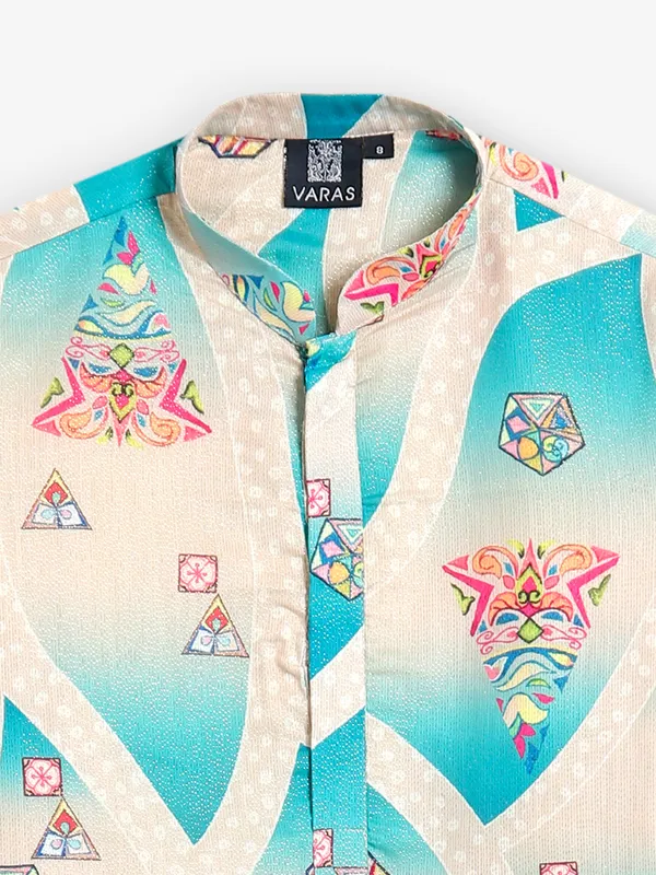 Sky blue and beige silk kurta pajama