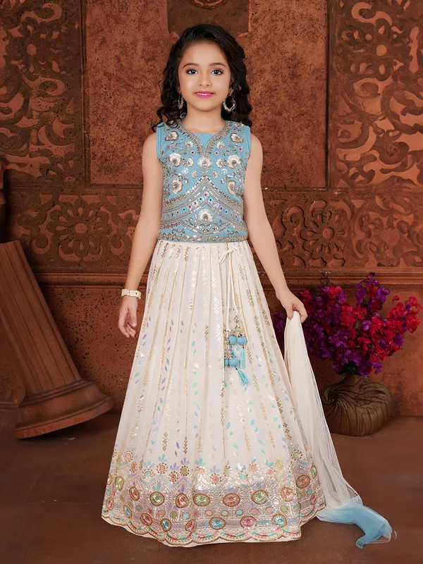Sky blue and cream lahenga choli in georgette for girls