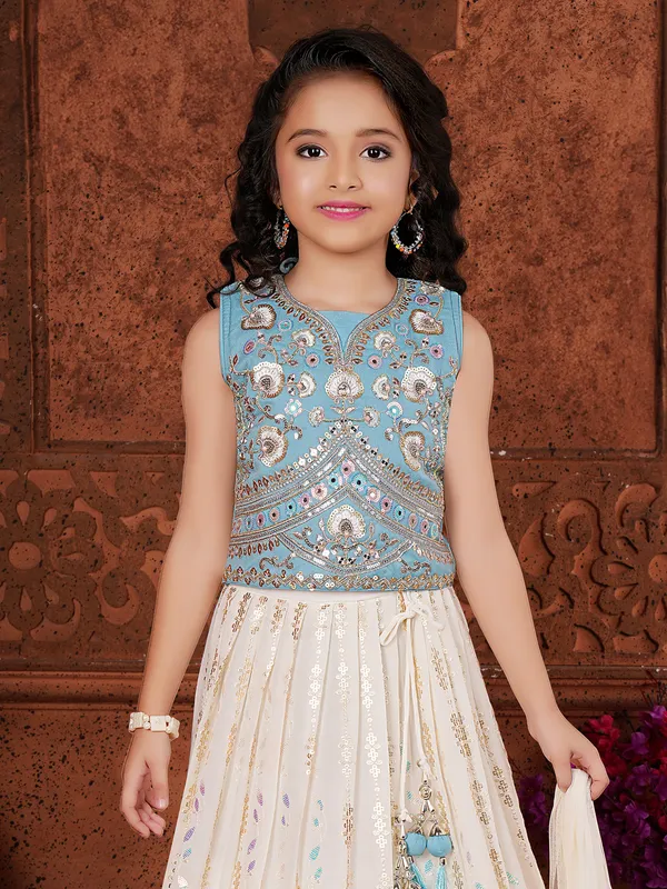 Sky blue and cream lahenga choli in georgette for girls