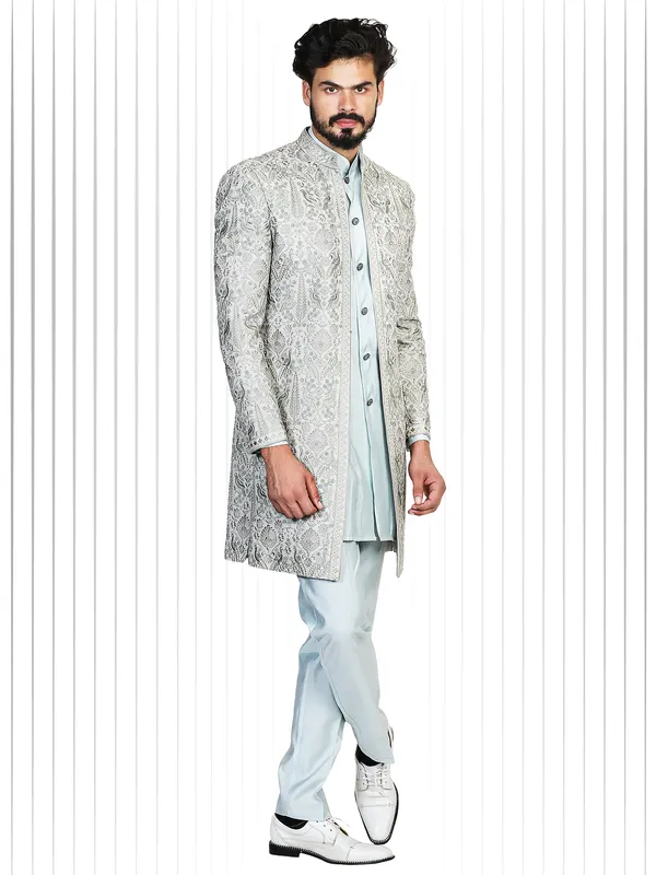 Sky blue and grey silk indowestern