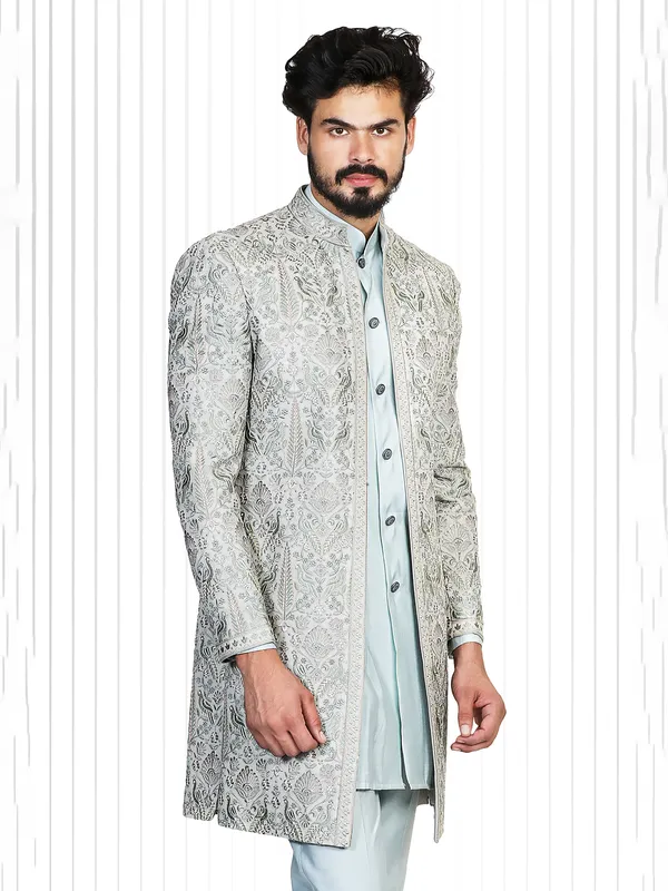 Sky blue and grey silk indowestern