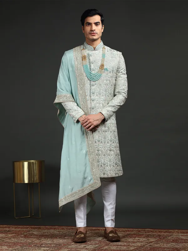 Sky blue and white silk groom sherwani