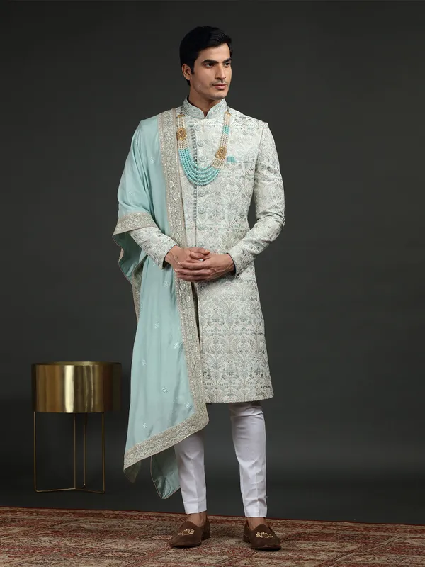 Sky blue and white silk groom sherwani