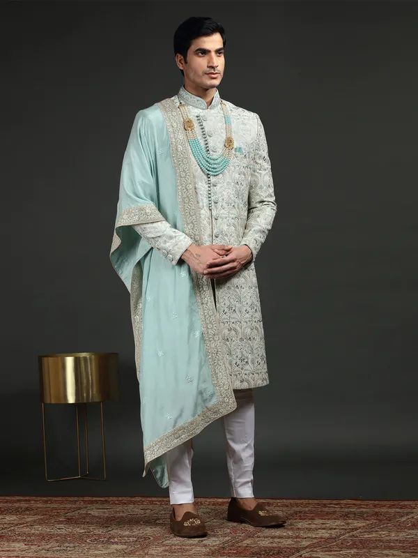 Sky blue and white silk groom sherwani