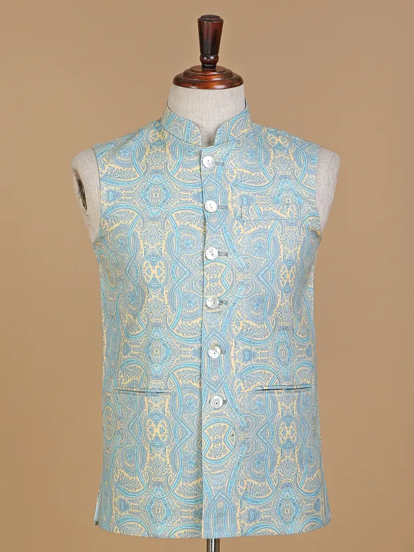 Sky blue and yellow printed silk waistcoat