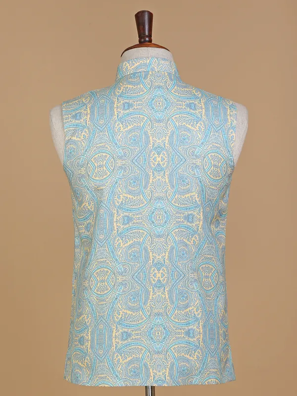 Sky blue and yellow printed silk waistcoat