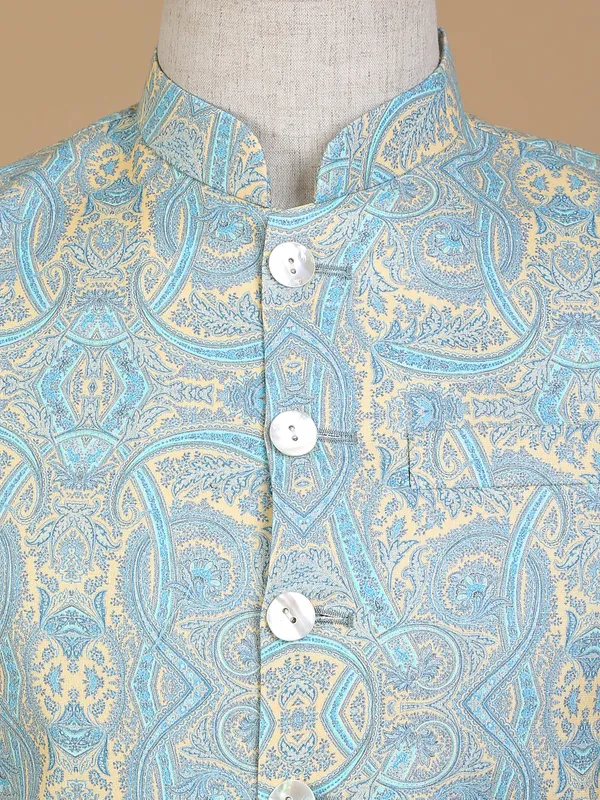 Sky blue and yellow printed silk waistcoat