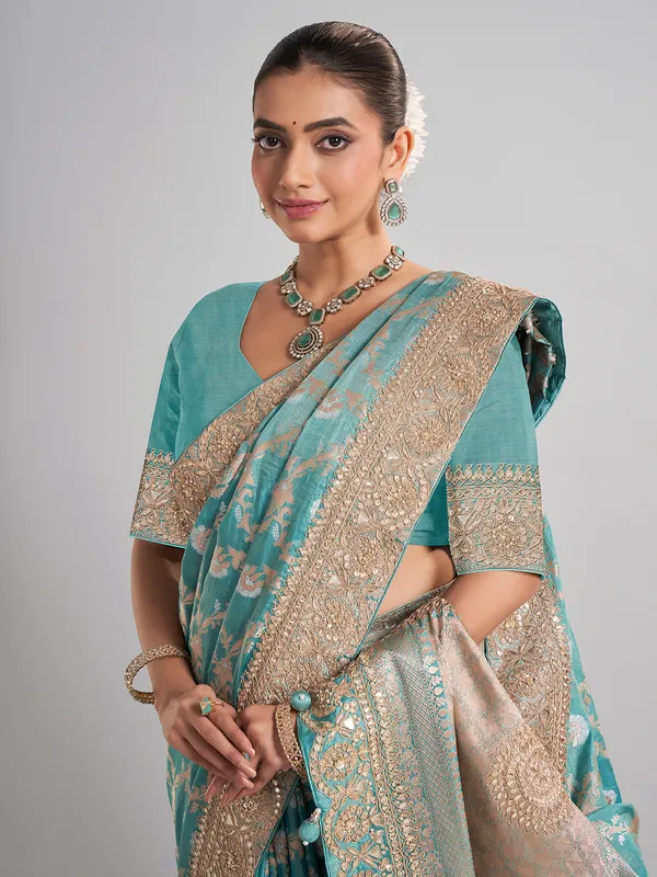Sky blue banarasi silk saree with detailed zari work