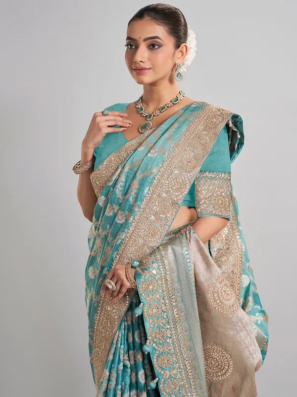 Sky blue banarasi silk saree with detailed zari work