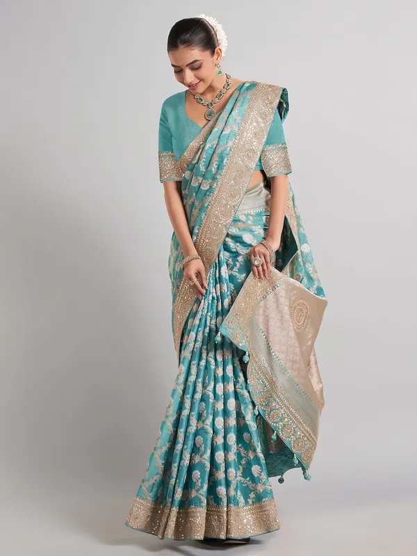 Sky blue banarasi silk saree with detailed zari work