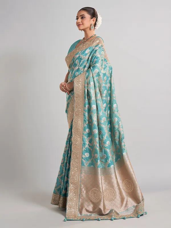 Sky blue banarasi silk saree with detailed zari work