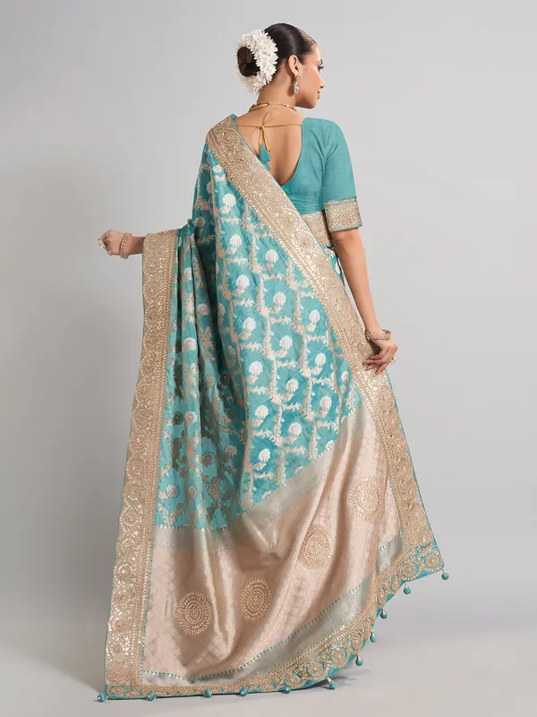 Sky blue banarasi silk saree with detailed zari work