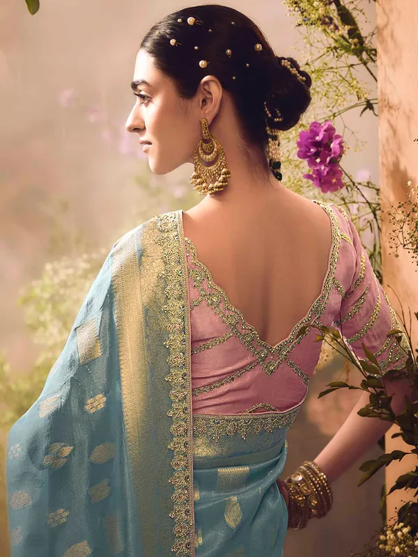Sky blue banarasi tissue saree with heavy zari work
