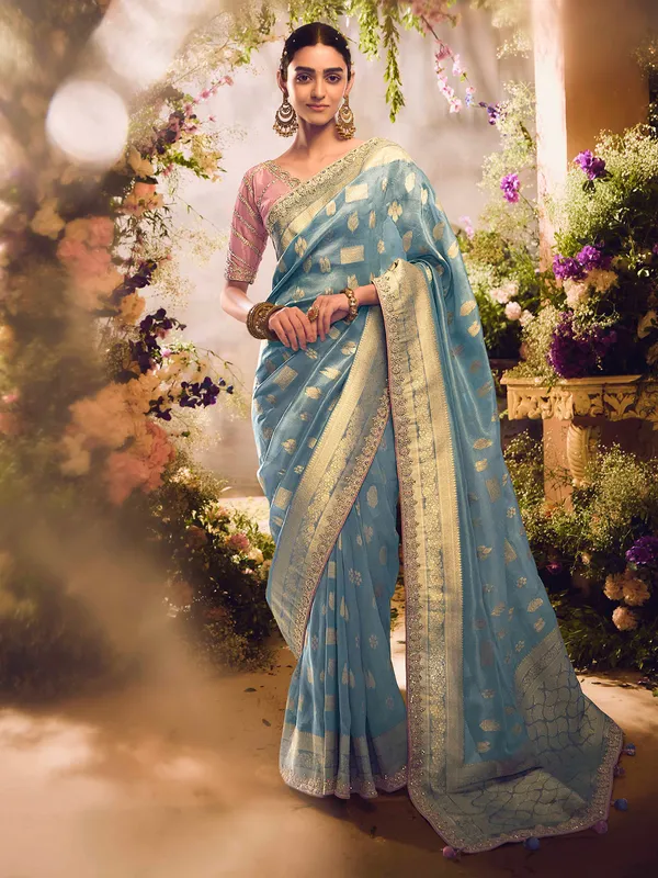 Sky blue banarasi tissue saree with heavy zari work