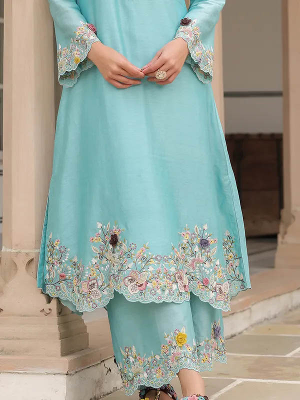 Sky blue chanderi silk pakistani kurti set for festive wear