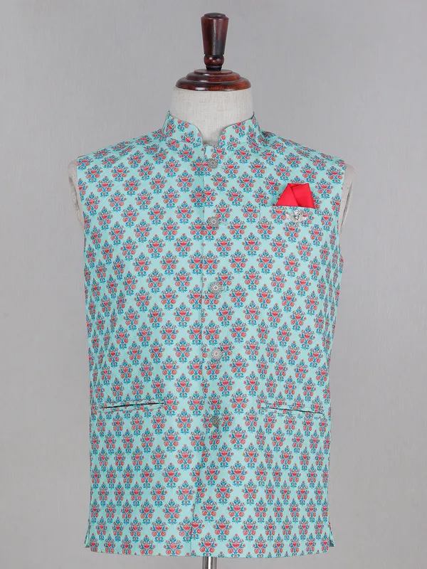 Sky blue color printed cotton silk waistcoat