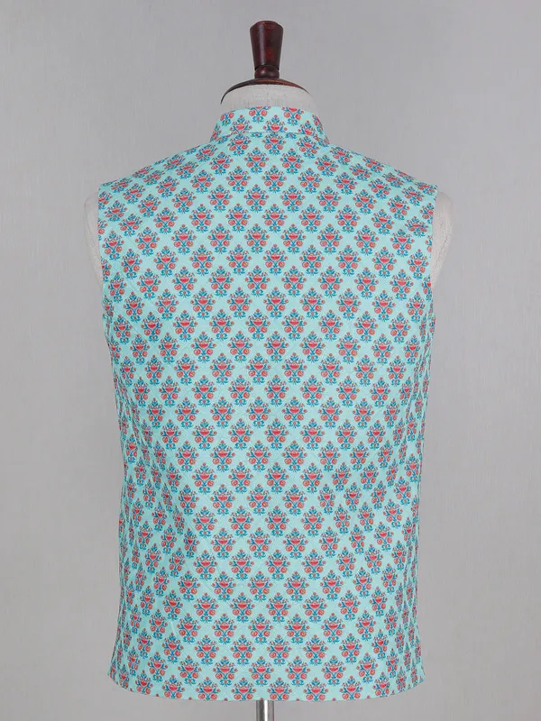 Sky blue color printed cotton silk waistcoat
