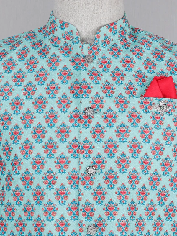 Sky blue color printed cotton silk waistcoat