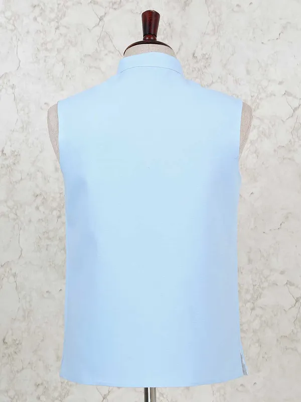 Sky blue color solid cotton silk waistcoat