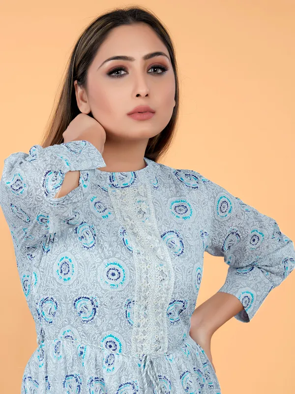 Sky blue cotton casual wear printed kurti
