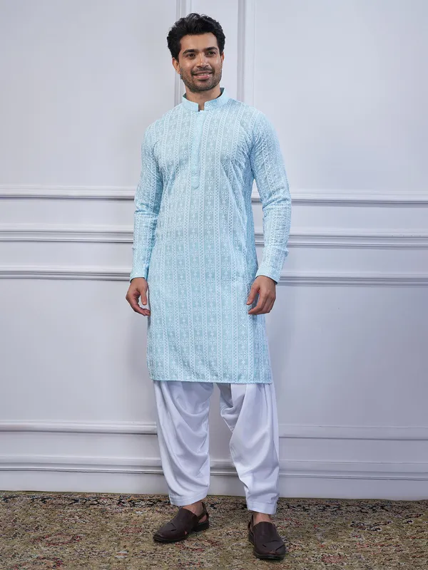 Sky blue cotton festival wear kurta suit