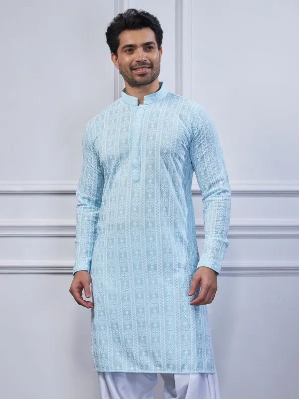 Sky blue cotton festival wear kurta suit