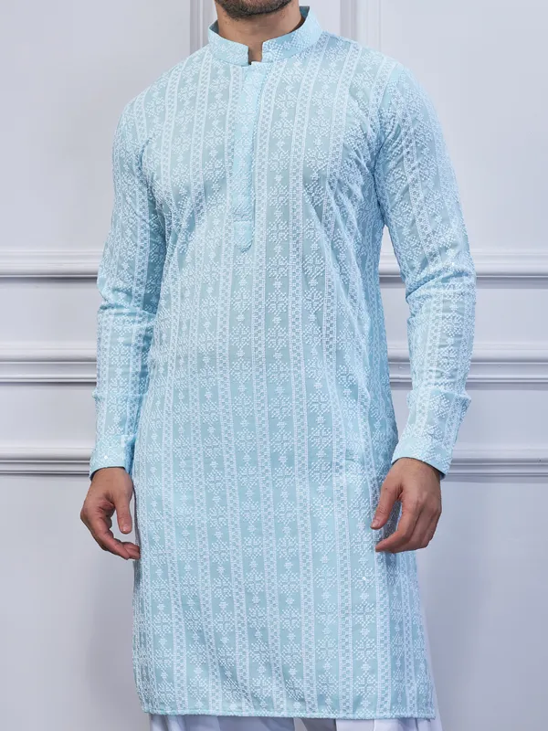 Sky blue cotton festival wear kurta suit