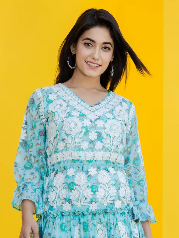 Sky blue cotton floral printed kurti