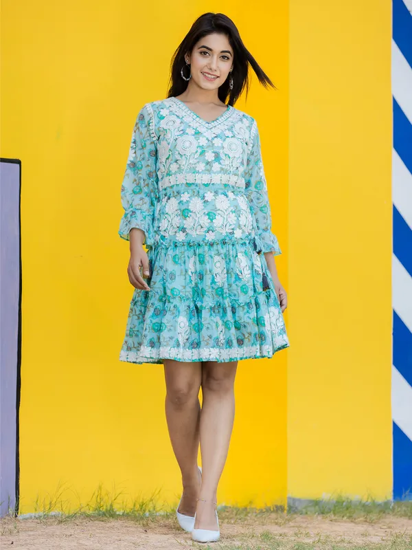 Sky blue cotton floral printed kurti
