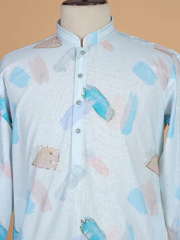 Sky blue cotton kurta suit in print