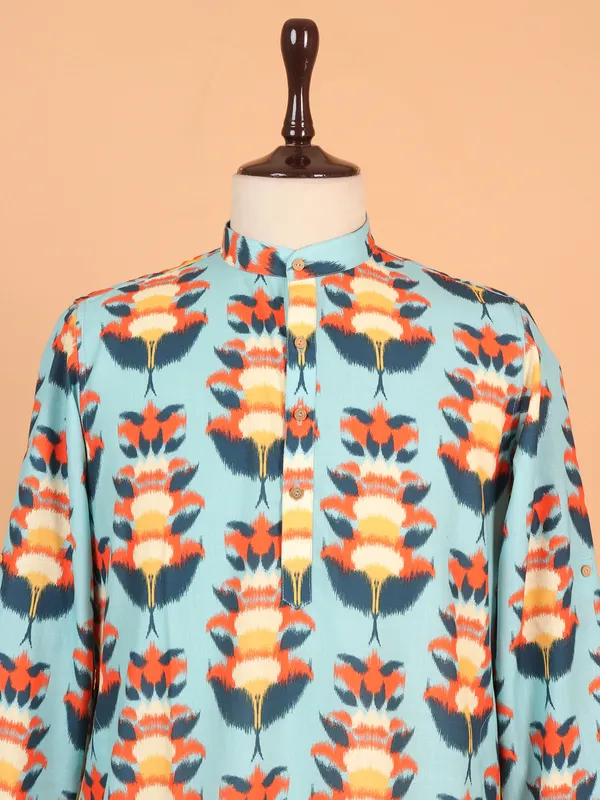 Sky blue cotton kurta with beautiful print for men