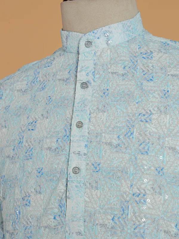 Sky blue cotton kurta with thread work