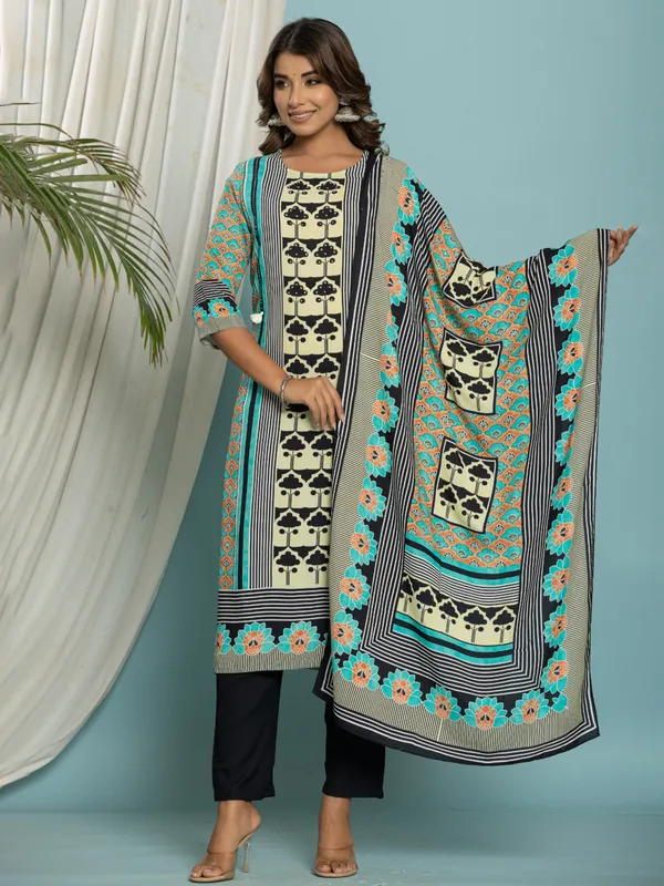 Sky blue cotton kurti set with prints
