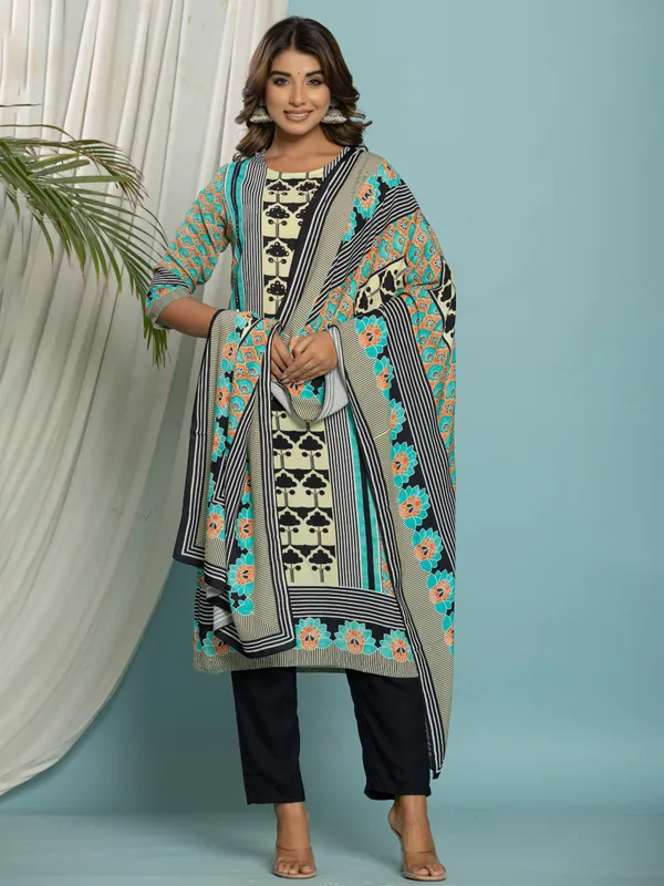 Sky blue cotton kurti set with prints