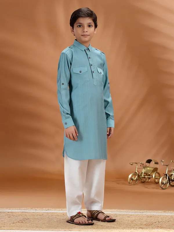 Sky blue cotton pathani kurta set for boys