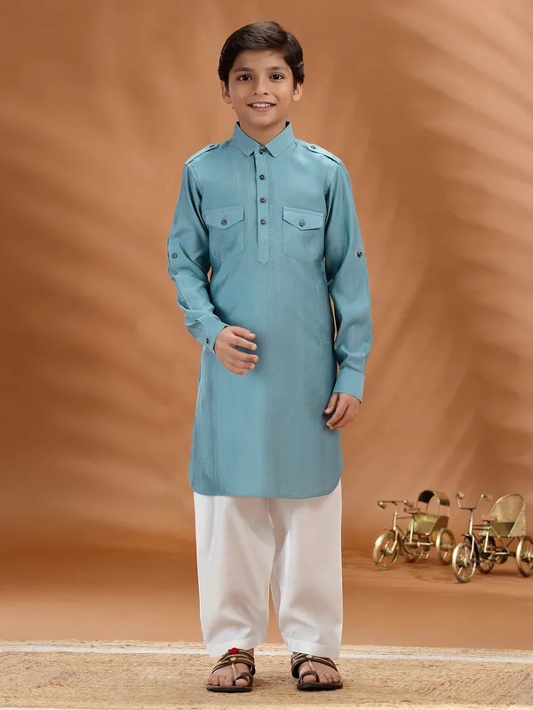 Sky blue cotton pathani kurta set for boys