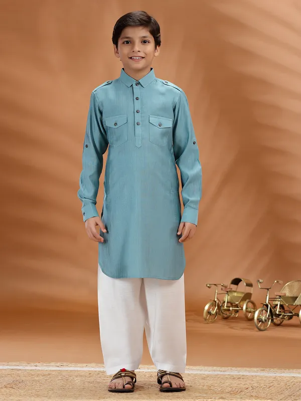 Sky blue cotton pathani kurta set for boys
