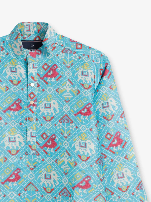 Sky blue cotton patola printed kurta